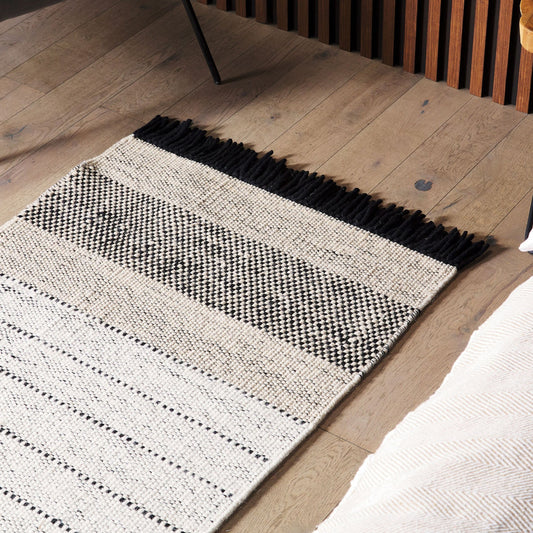 Hand Woven Flat Weave Rug 80 x 150 Beige Black Tassels