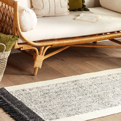 White Black Wool Cotton Rug 80 x 150 Hand Woven Tassels