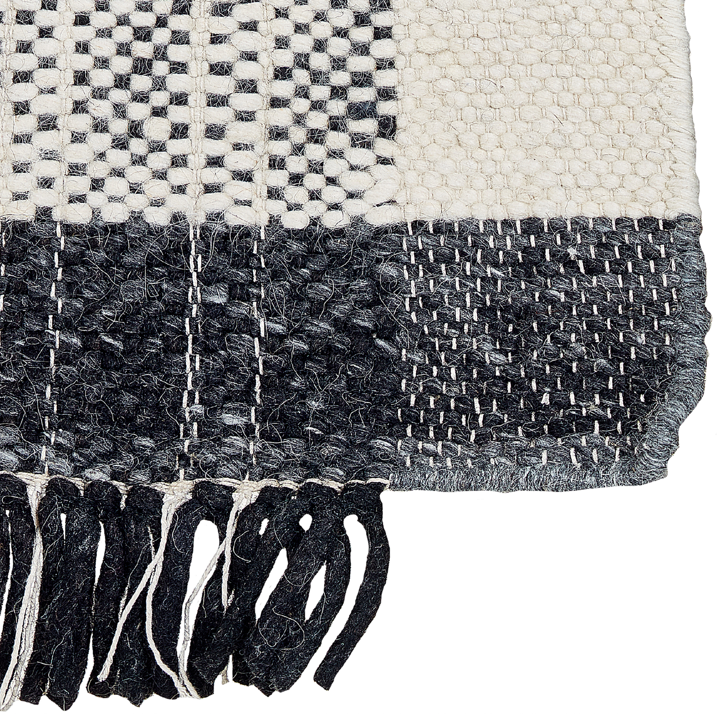 White Black Wool Cotton Rug 80 x 150 Hand Woven Tassels