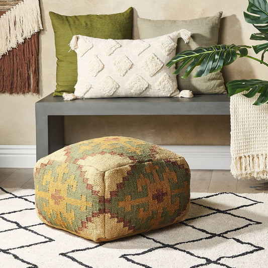Multicolour Jute and Wool Pouffe 50 x 50cm Kilim Style Oriental Pattern