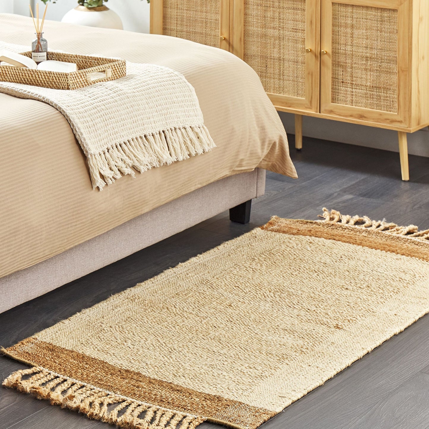 Beige Jute Area Rug 80 x 150cm Handwoven Tassels Geometric Boho Style