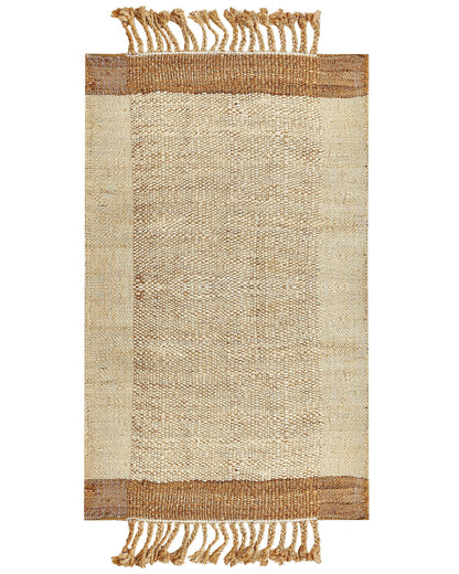 Beige Jute Area Rug 80 x 150cm Handwoven Tassels Geometric Boho Style