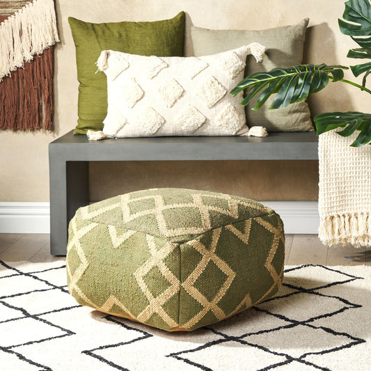 Nordic Loom Geometric Pattern Jute Wool Pouffe 50 x 50cm Green Beige