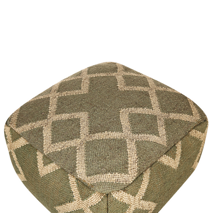 Nordic Loom Geometric Pattern Jute Wool Pouffe 50 x 50cm Green Beige