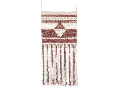 Wall Hanging Red Beige Wool Handwoven Tassels Geometric Boho