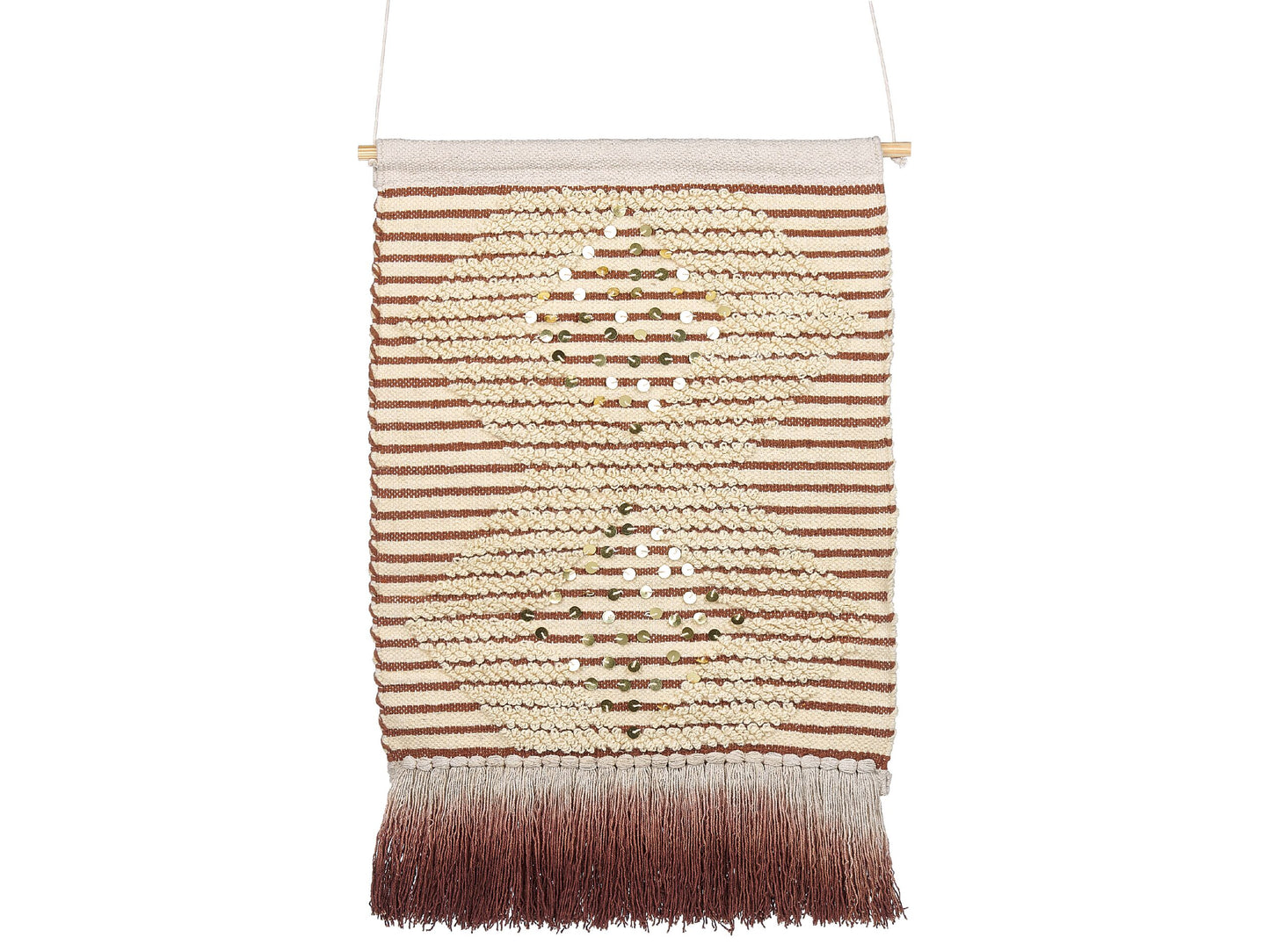 Handwoven Wall Hanging Red Beige With Sequins Tassels Geometric Pattern Boho Decor