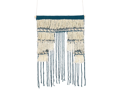 Dark Blue Beige Cotton Handwoven Wall Hanging With Tassels Geometric Boho Style Living Room Decor