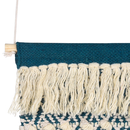 Dark Blue Beige Cotton Handwoven Wall Hanging With Tassels Geometric Boho Style Living Room Decor