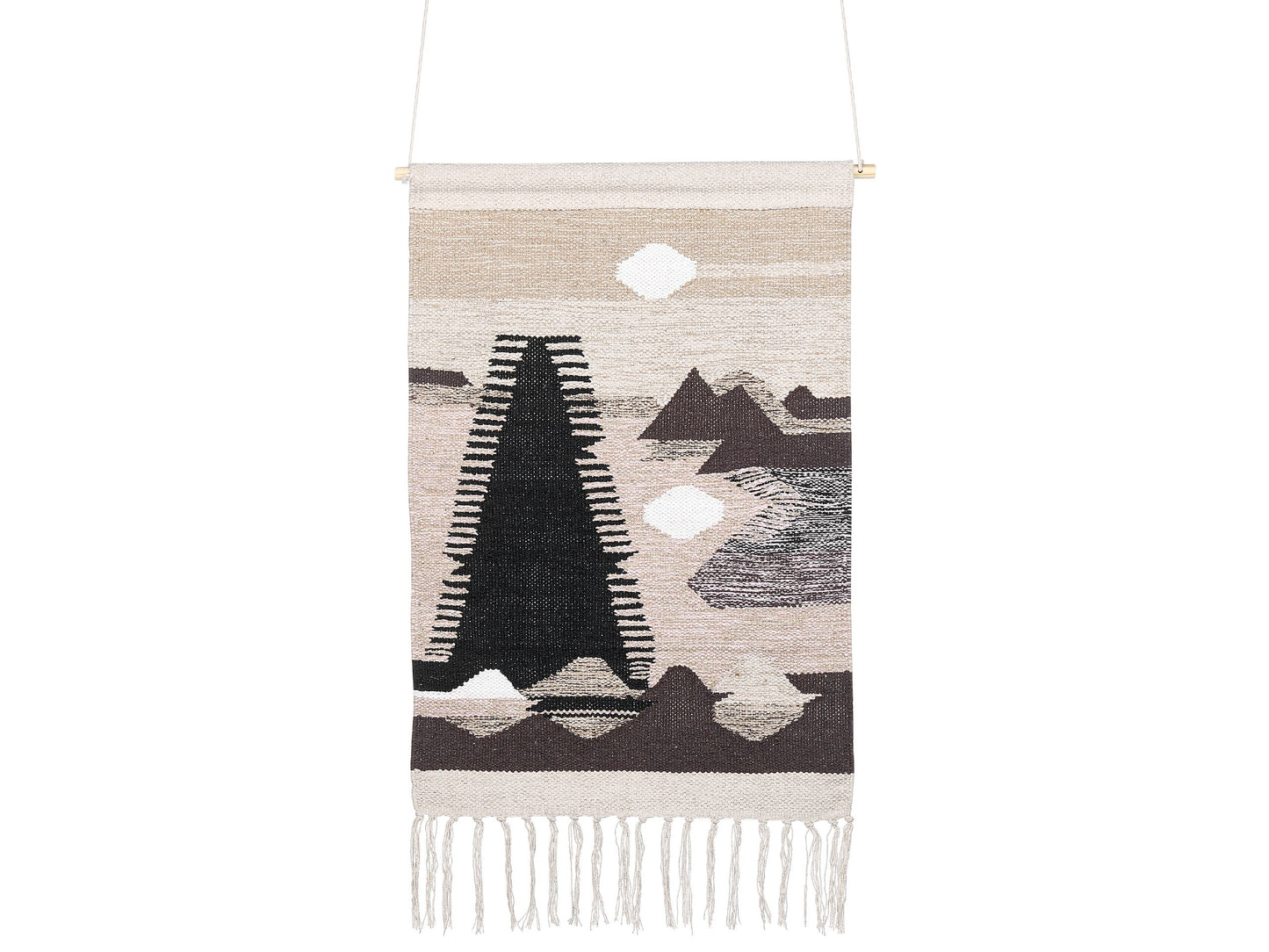 Handwoven Beige Black Wall Hanging Boho Landscape Tassels