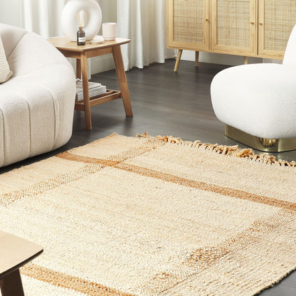 Jute Area Rug 140 x 200 Beige With Tassels Geometric Pattern