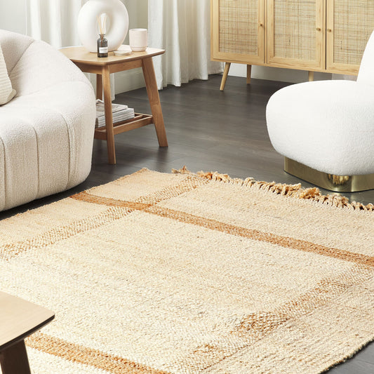 Jute Area Rug 140 x 200 Beige With Tassels Geometric Pattern