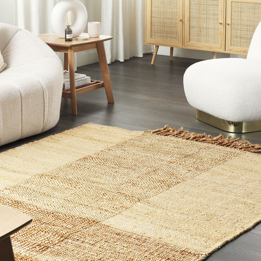 Beige Jute Area Rug 140 x 200 Tassels Geometric Handwoven Boho