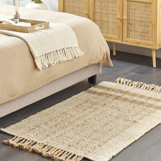 Jute Area Rug 80 x 150cm Beige Tassels Geometric Handwoven
