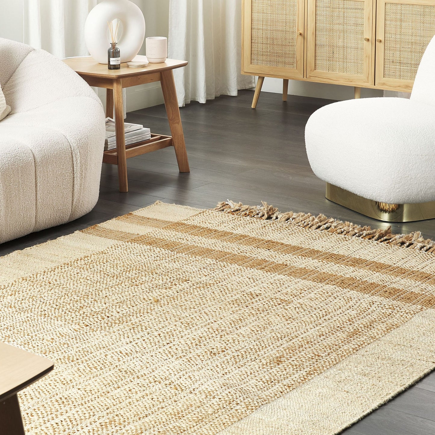 Boho Area Rug Beige Jute 140 x 200cm Handwoven Tassels