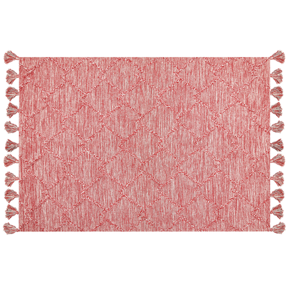 Cotton Area Rug 160 X 230cm Red and White Thick Weave With Decorative Tassels