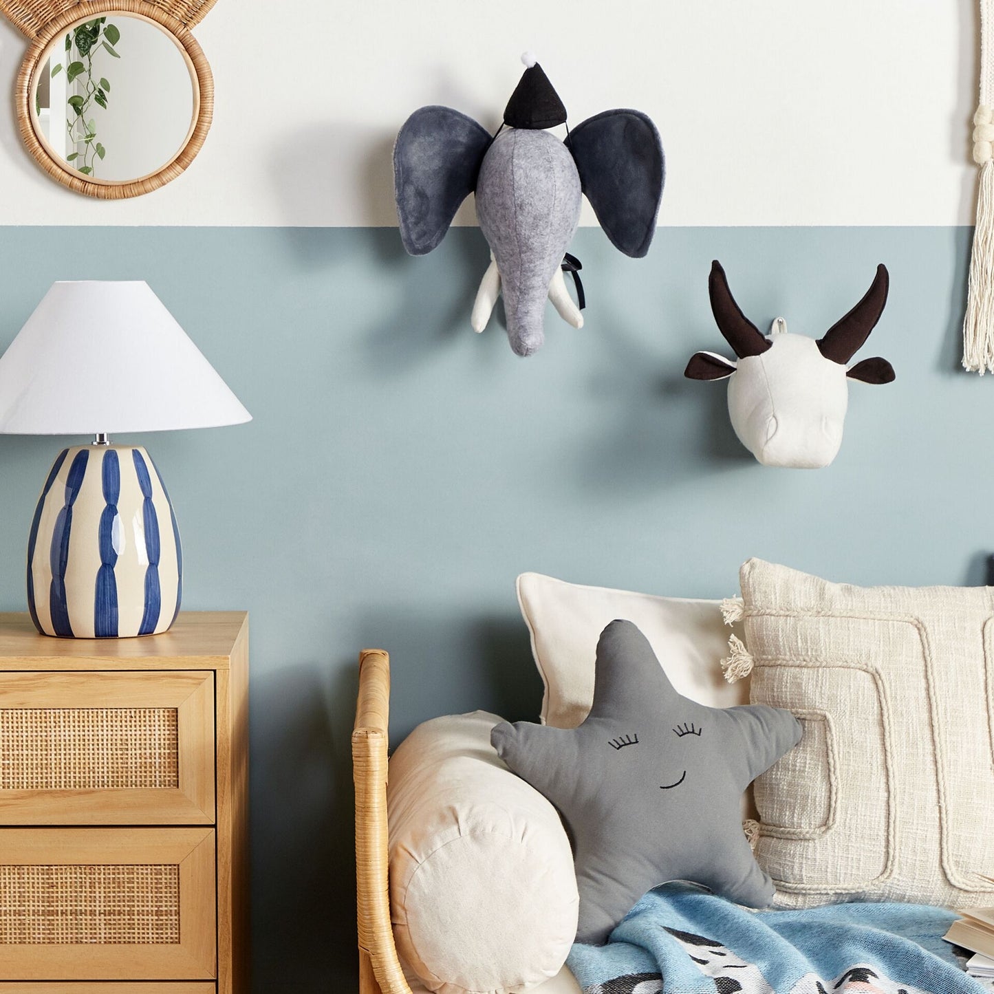 Plush Co Elephant Head Wall Decor Grey Cotton Plush With Soft Ears And Hat Built In Hook For Kids Room