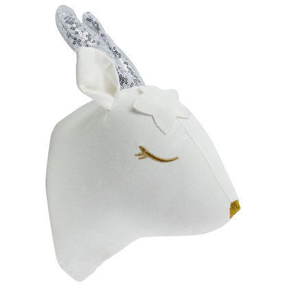 Roe Deer Plush Head Wall Decor White Cotton With Sequined Horns And Golden Nose