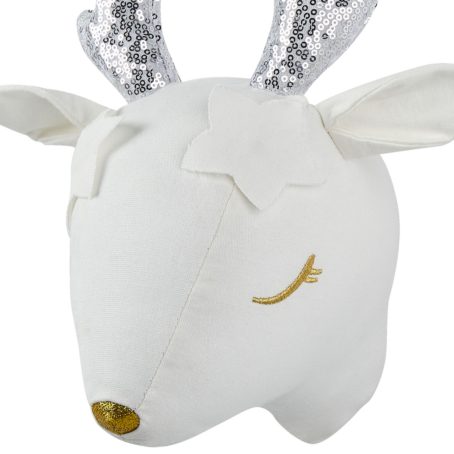 Roe Deer Plush Head Wall Decor White Cotton With Sequined Horns And Golden Nose
