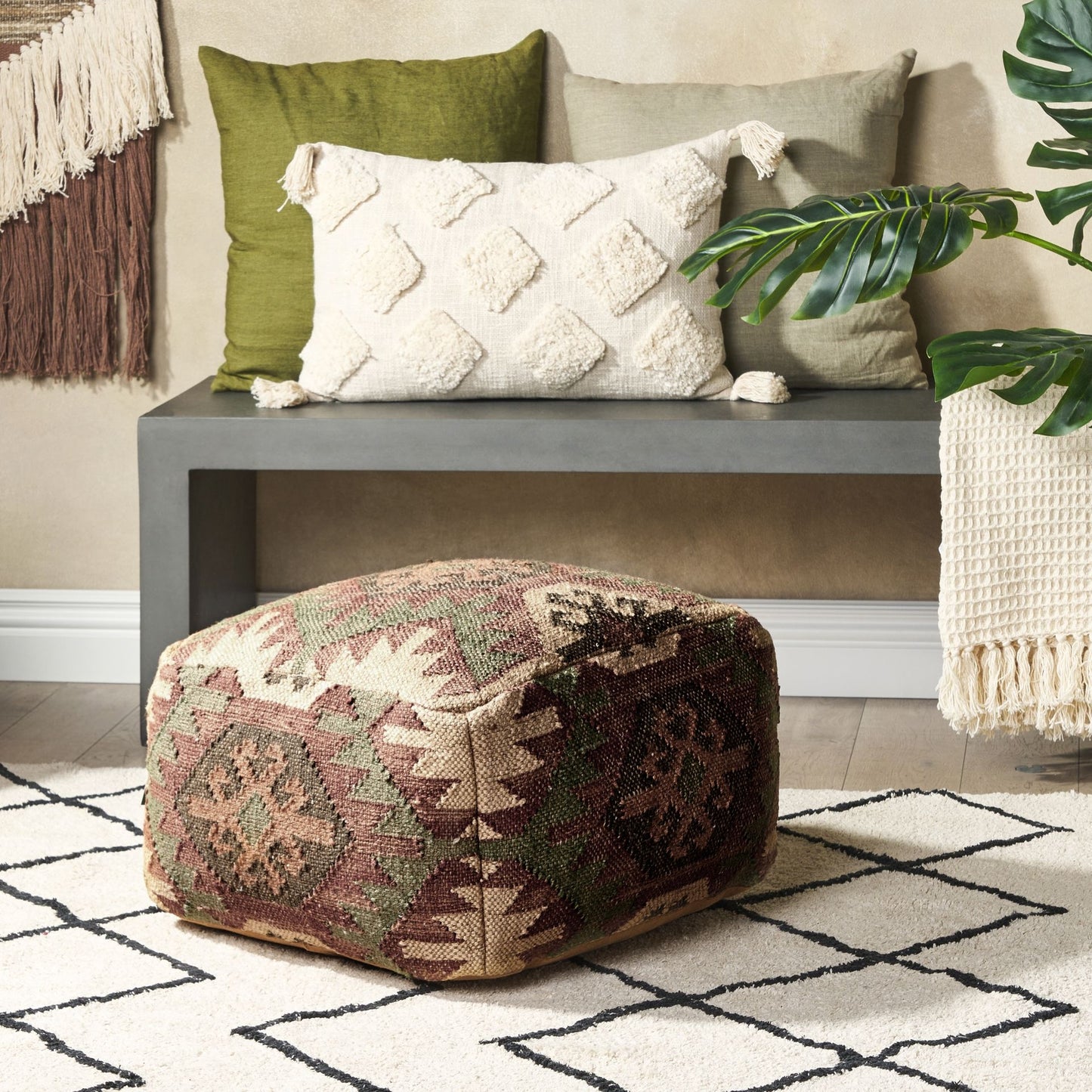 Pouffe Multicolour Jute Wool Geometric Footstool 50 x 50cm