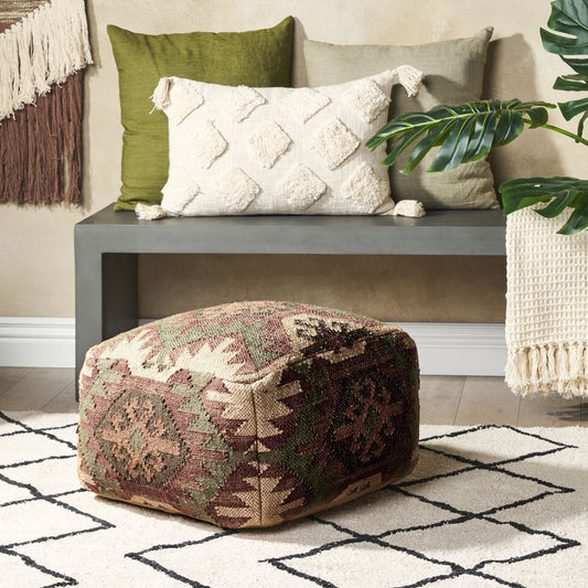 Pouffe Multicolour Jute Wool Geometric Footstool 50 x 50cm