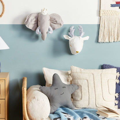 Plush Grey Elephant Head Wall Decor With Crown And Silver Sequin Fangs