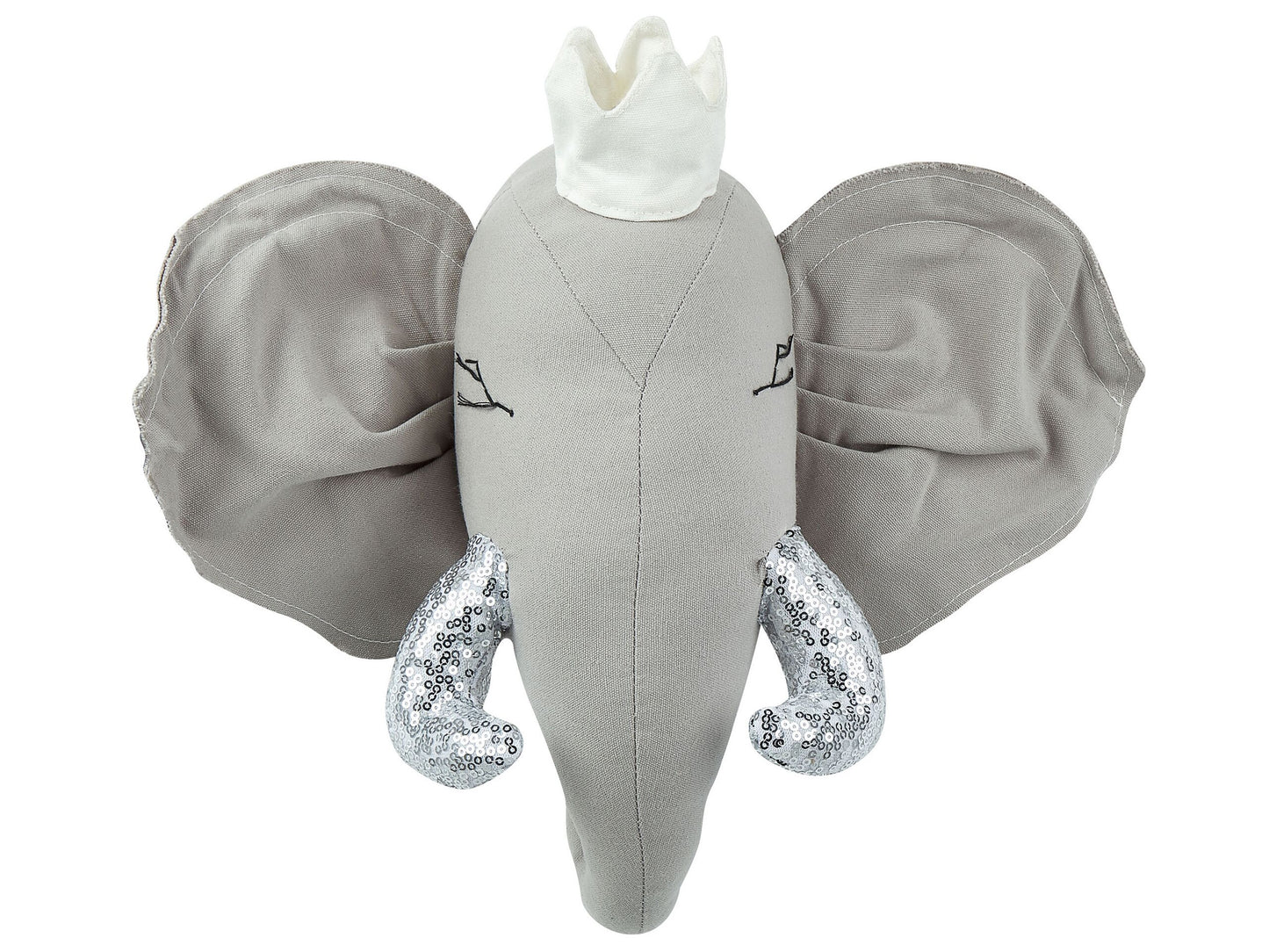 Plush Grey Elephant Head Wall Decor With Crown And Silver Sequin Fangs