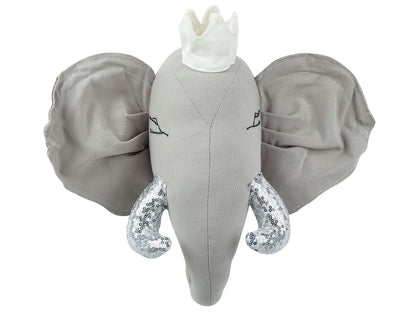 Plush Grey Elephant Head Wall Decor With Crown And Silver Sequin Fangs