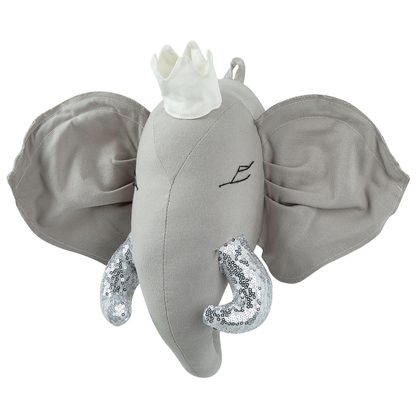 Plush Grey Elephant Head Wall Decor With Crown And Silver Sequin Fangs
