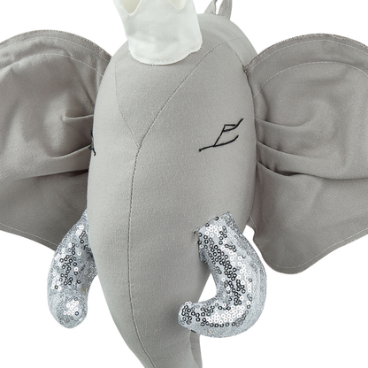 Plush Grey Elephant Head Wall Decor With Crown And Silver Sequin Fangs