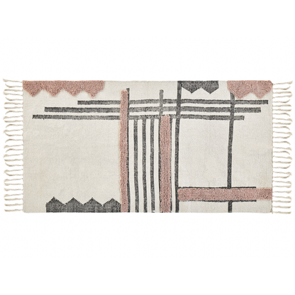 Handwoven Cotton Area Rug 80 X 150cm Beige Black Fringe Scandinavian Pattern