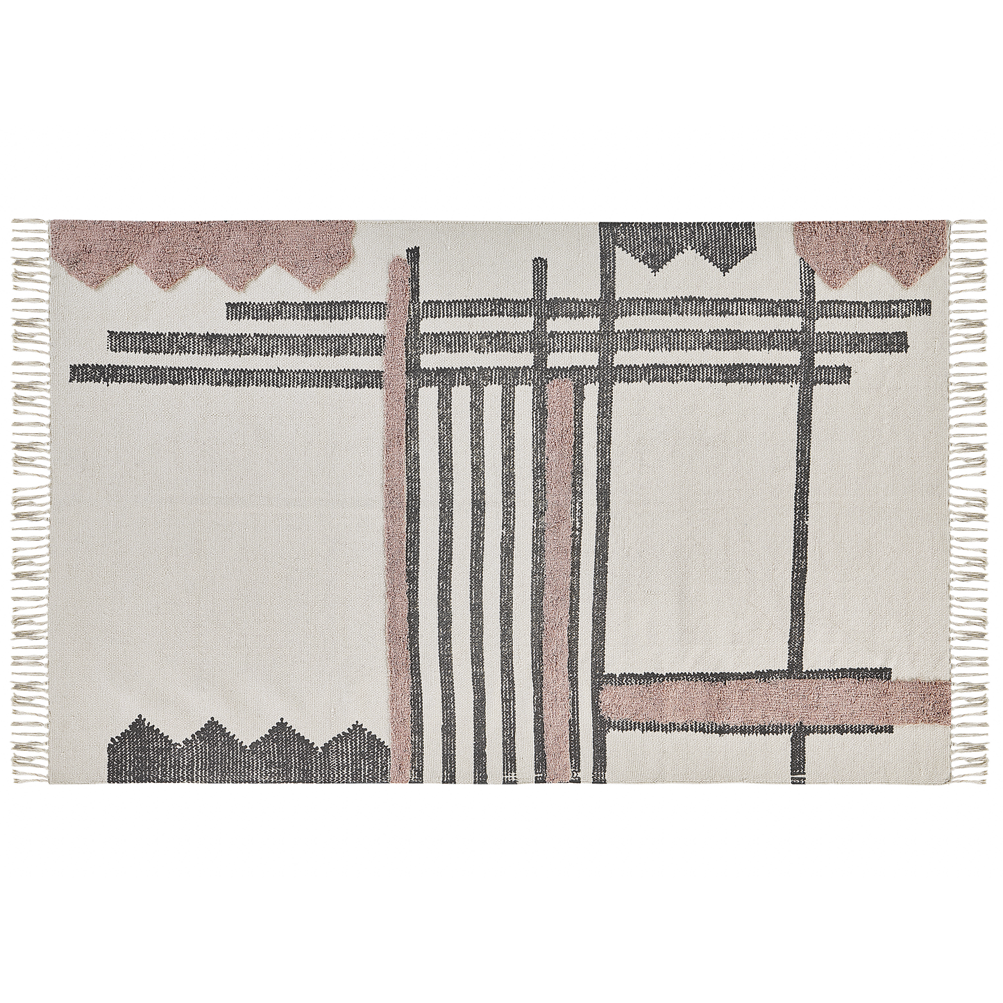 Nordic Loom Handwoven Cotton Area Rug 140 x 200 Beige Black Fringe