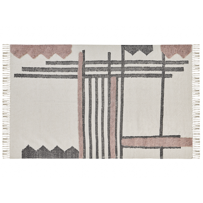 Nordic Loom Handwoven Cotton Area Rug 140 x 200 Beige Black Fringe