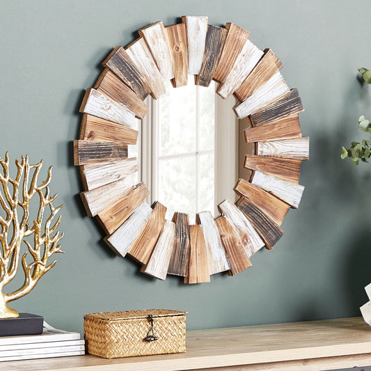 Aurora Home Round Wall Mirror 66cm Light Brown Wood Veneer Rustic