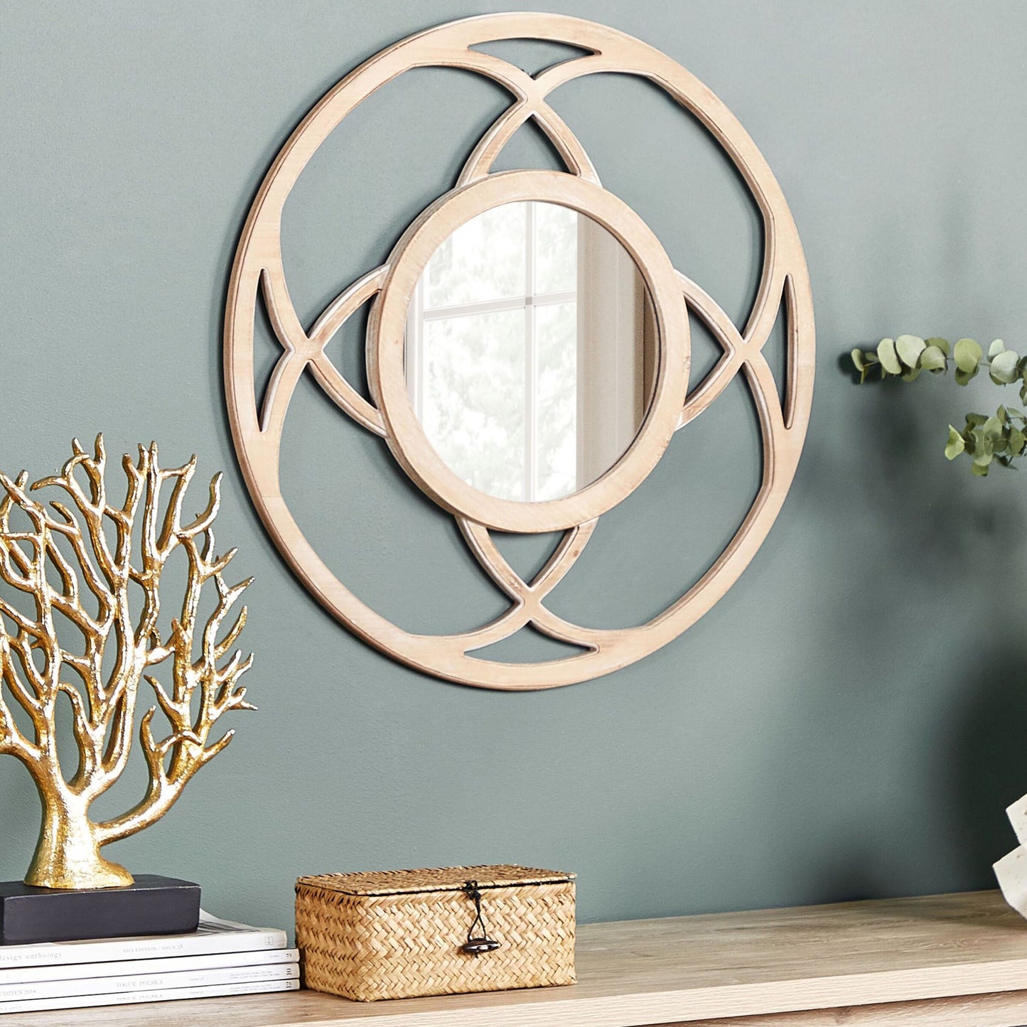 NordicAura Round Wall Mirror 60 cm Light Brown Wood Veneer Handmade