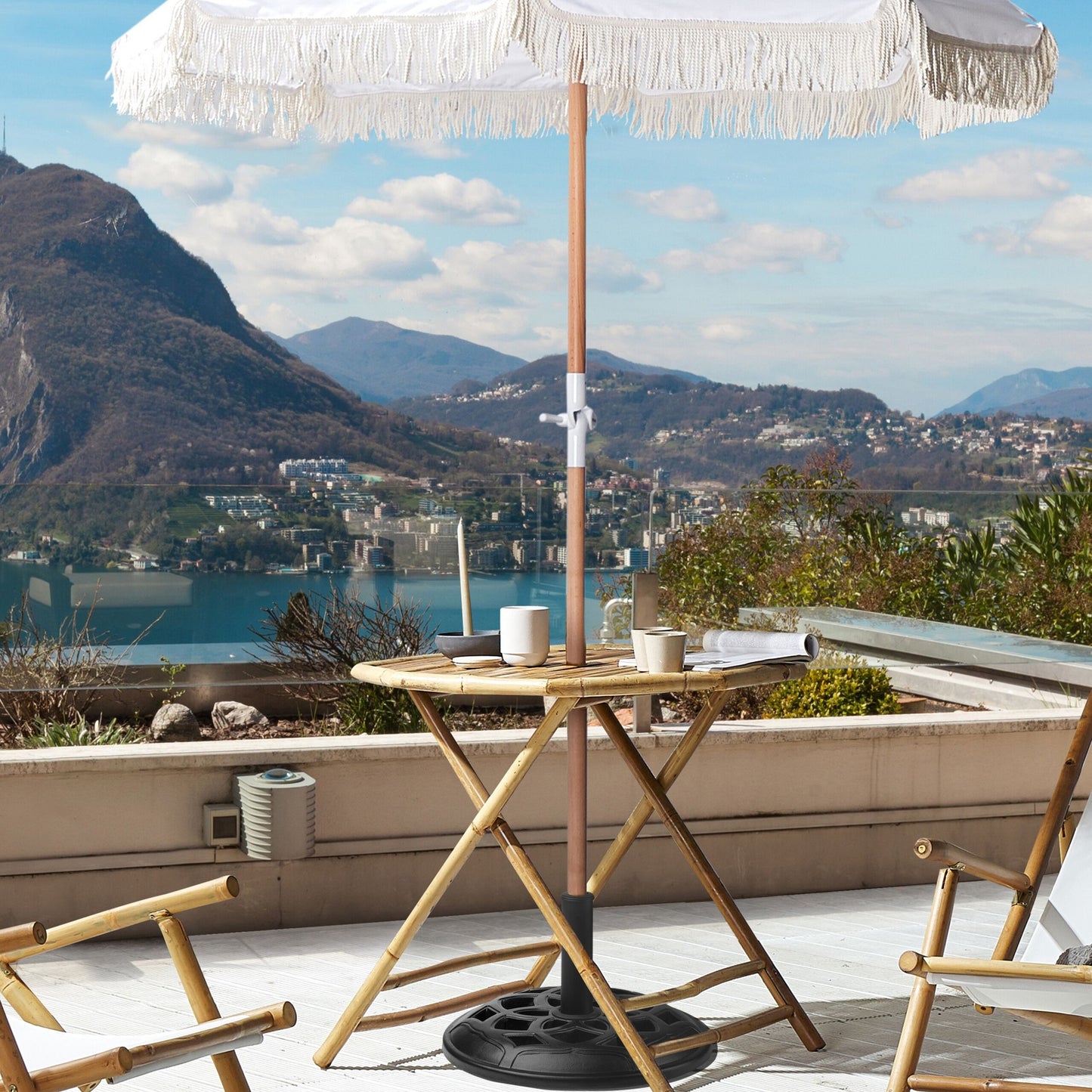 Parasol White Fabric Beech Wood 150cm Round Tilt
