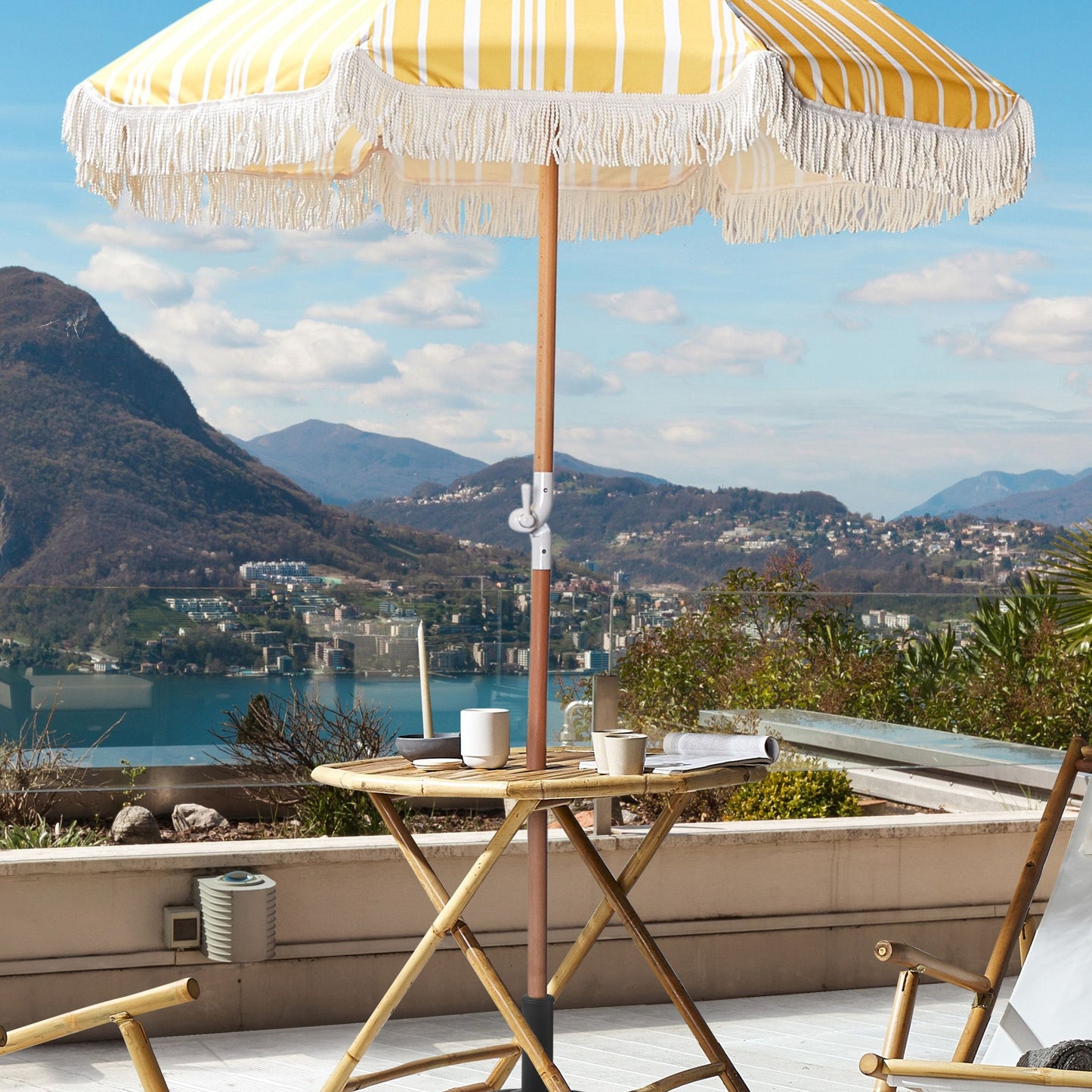 Garden Parasol Beech Wood 150cm Round Tilt Umbrella Yellow and White UV Resistant