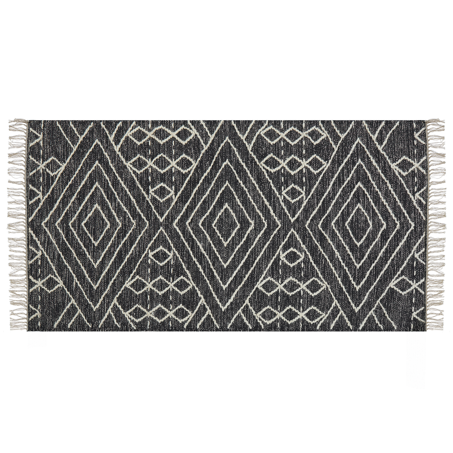 Oriental Geometric Tassel Rug 80 x 150cm Off White Black
