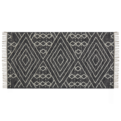 Oriental Geometric Tassel Rug 80 x 150cm Off White Black
