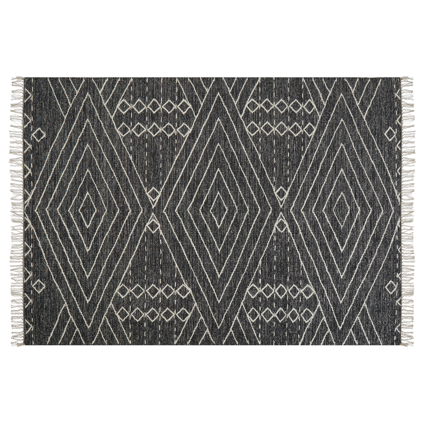 Oriental OffWhiteBlack Geometric Tassel Cotton Wool 160 x 230