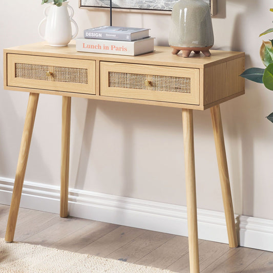 Console Table Two Drawers Light Brown Wood With Rattan Front