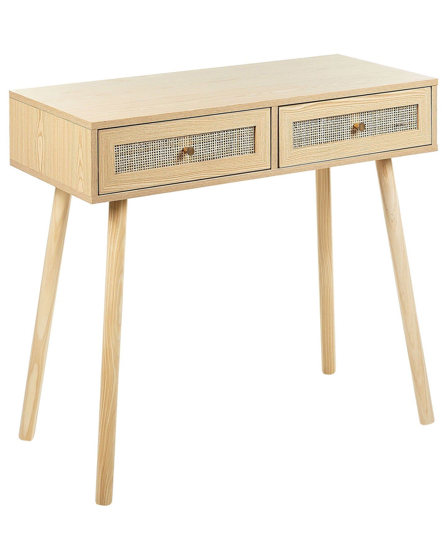 Console Table Two Drawers Light Brown Wood With Rattan Front