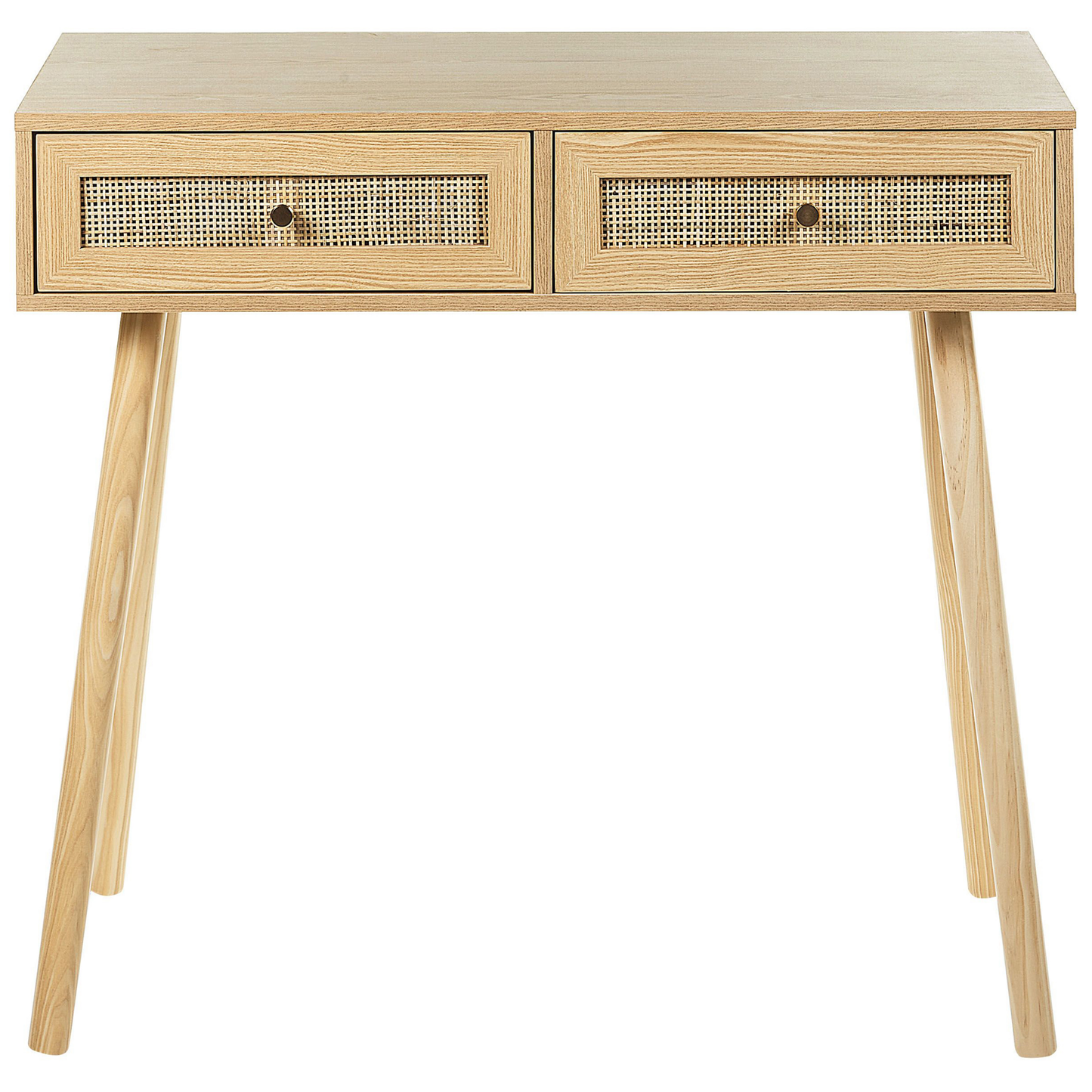 Console Table Two Drawers Light Brown Wood With Rattan Front