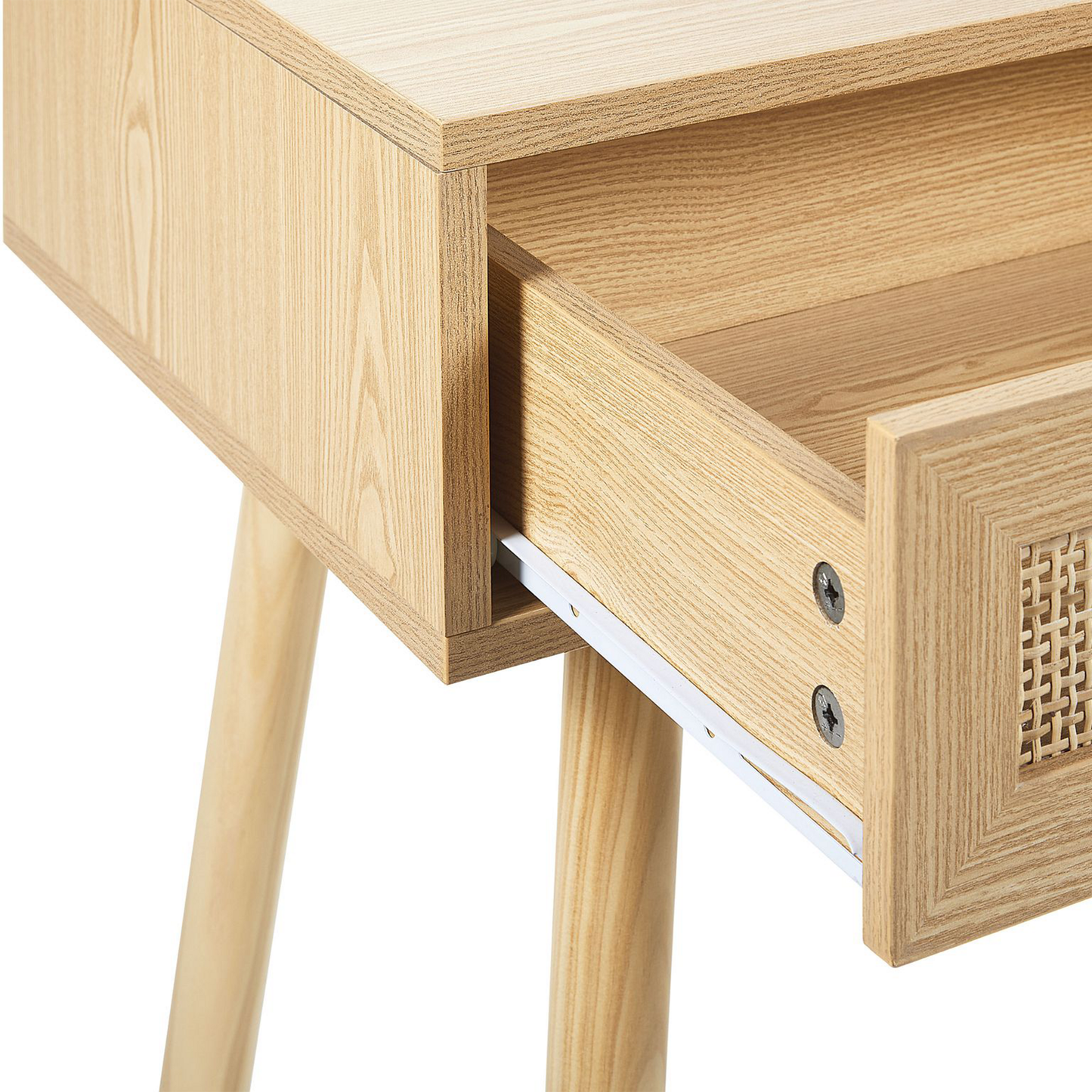 Console Table Two Drawers Light Brown Wood With Rattan Front