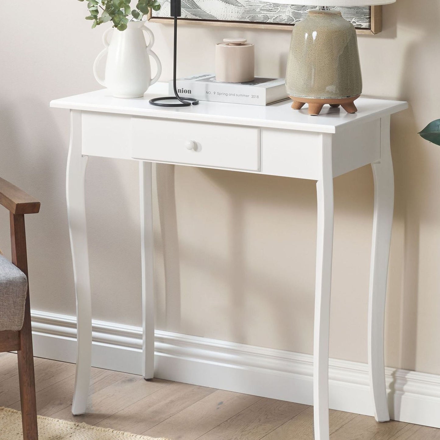 Provence Home Console Table White MDF With Drawer Wooden Legs 75x40