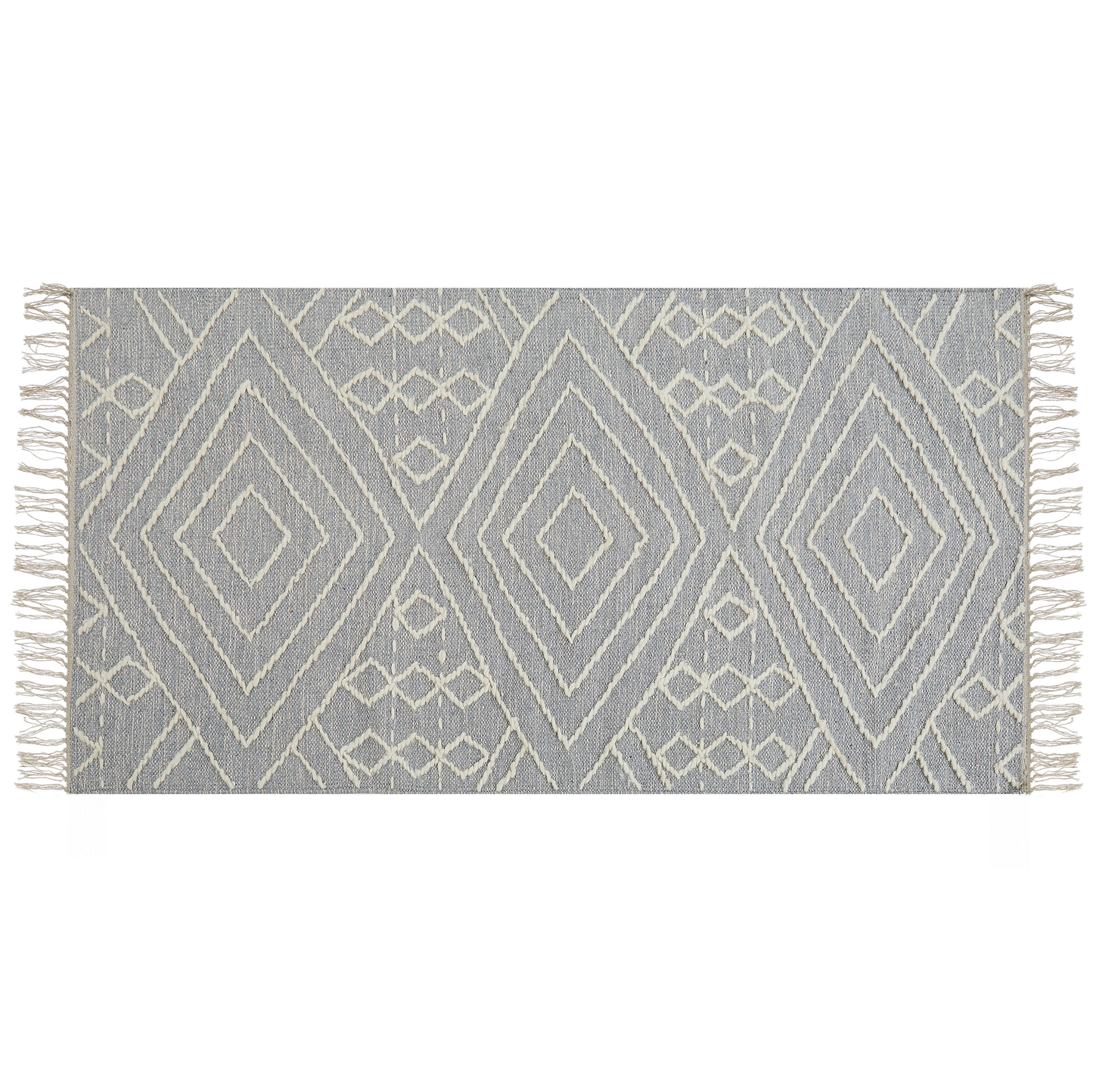 Runes Oriental Rug Off White Grey Cotton Wool 80 x 150cm Geometric Pattern Tassels
