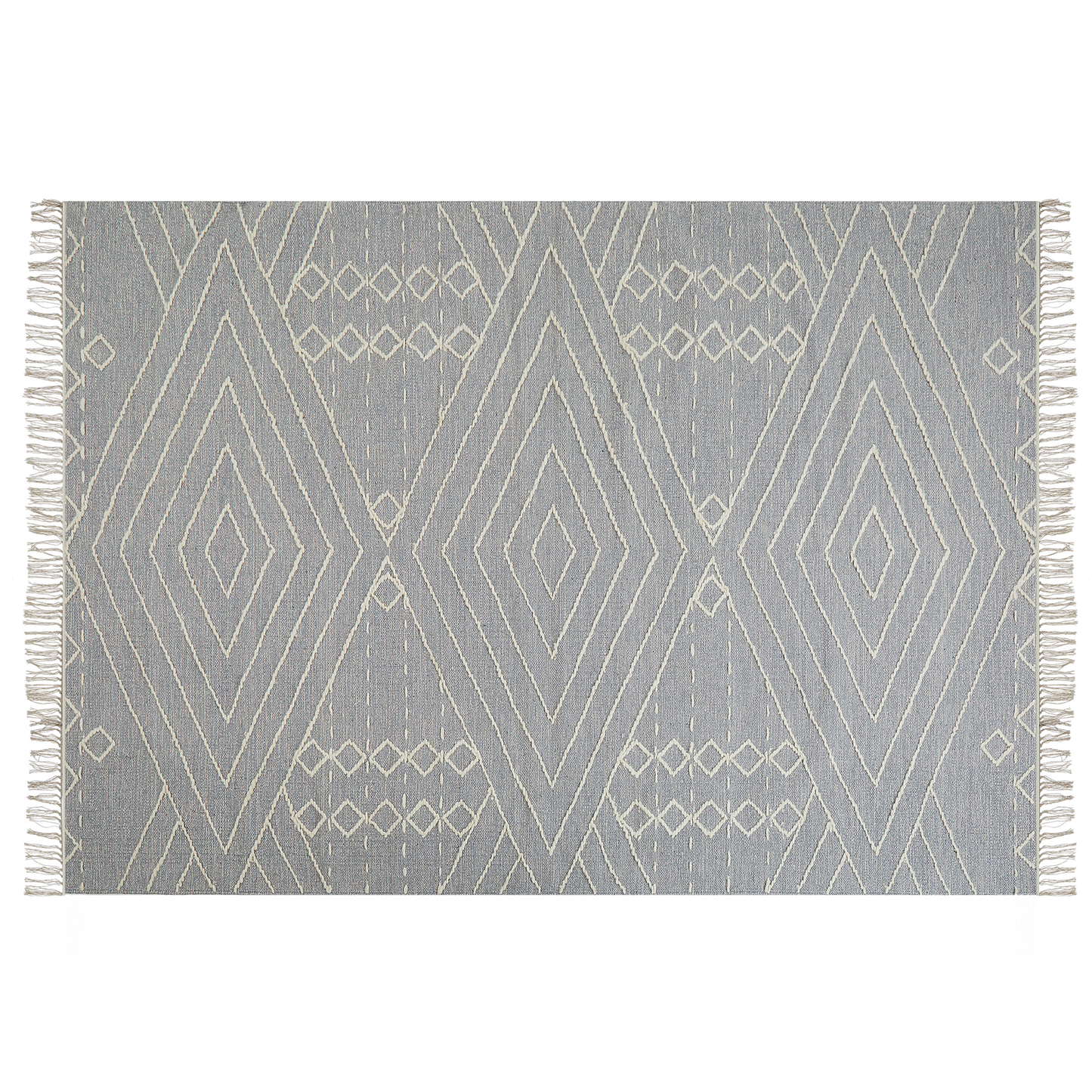 Handmade Oriental Geometric Runes Tribal Rug 140 x 200cm Off White Grey Cotton Wool Tassels Premium Quality