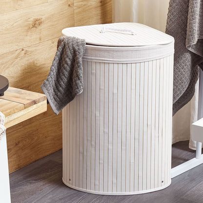 Boho White Bamboo Storage Basket With Lid Laundry Bin