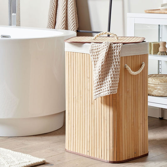 Light Brown Bamboo Laundry Bin With Lid Storage Basket