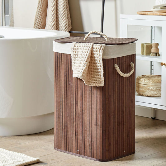 Bamboo Storage Basket With Lid Dark Brown Laundry Bin For Laundry Room Organization