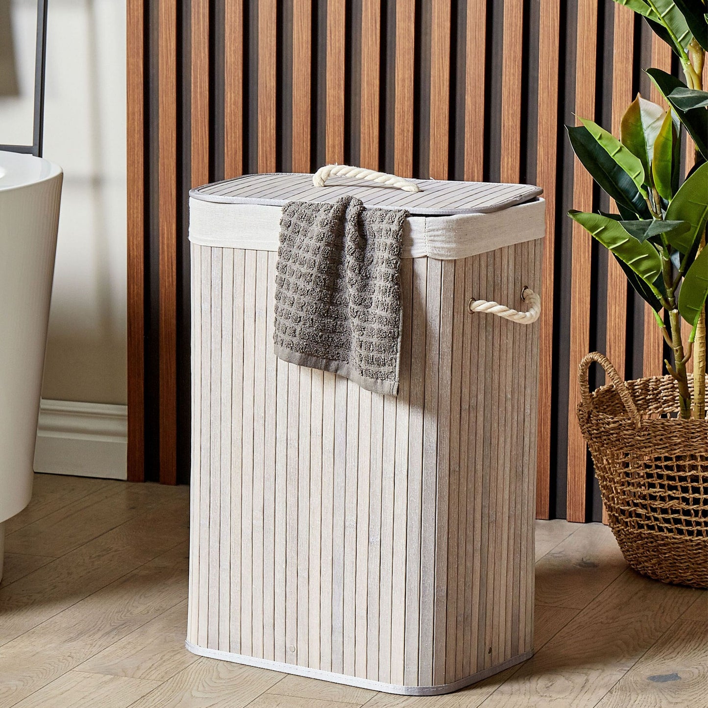 Boho Storage Basket With Lid Bamboo Laundry Bin Light Grey Durable With Removable Liner